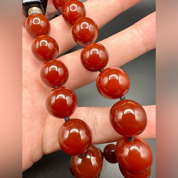 Vintage 15-11 MM ONYX & ORANGE JASPER BEAD 32" NECKLACE heavy - Picture 4 of 14